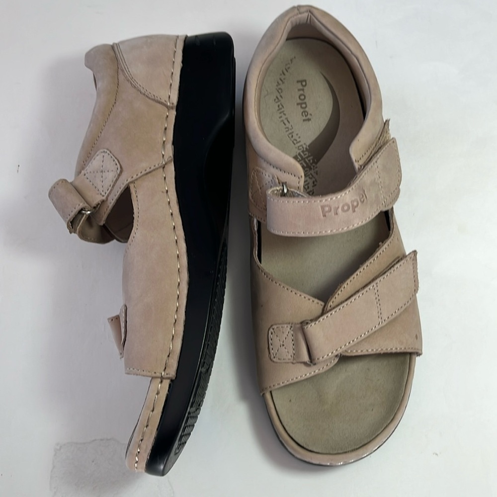 Propet Pedic walker sandals dusty taupe nubuck leather two hook loop straps 9.5